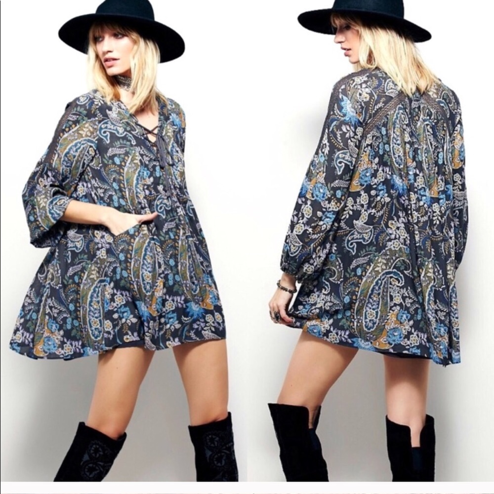 Free People paisley dress lace up